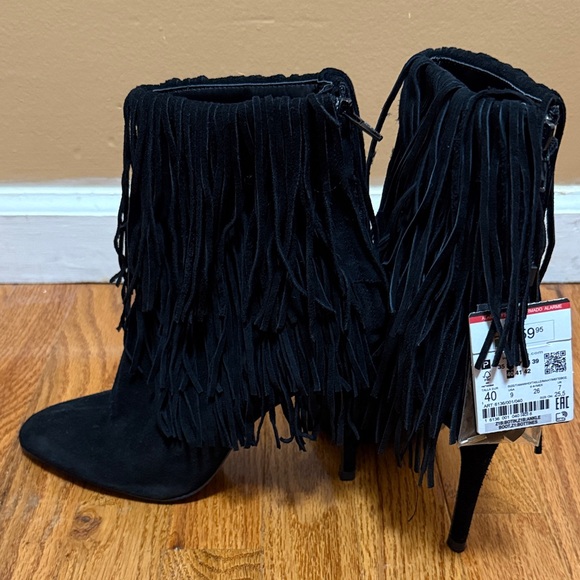 Zara Black Suede Fringe Heeled Boots - Picture 1 of 7